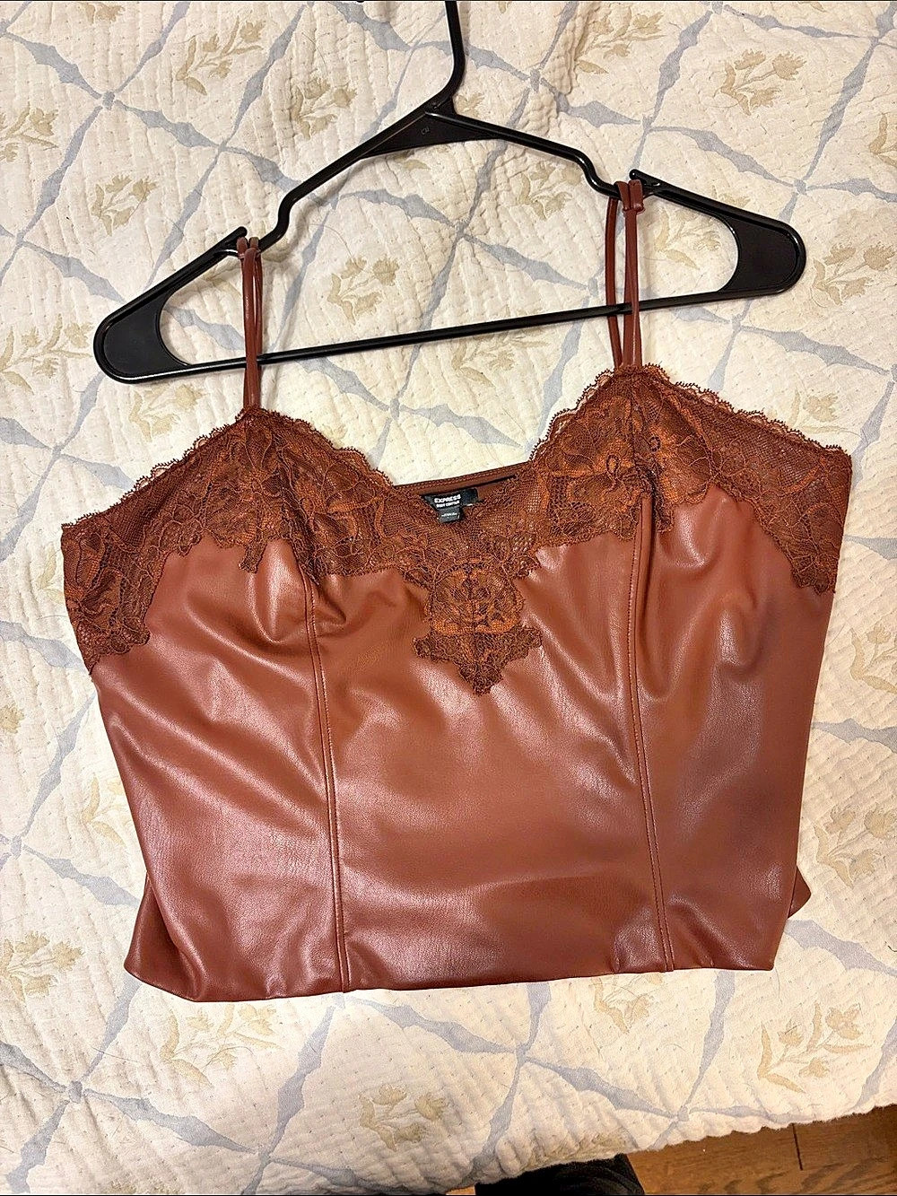 Express Body Contour Faux Leather Lace Cropped Cami Top Brown Small